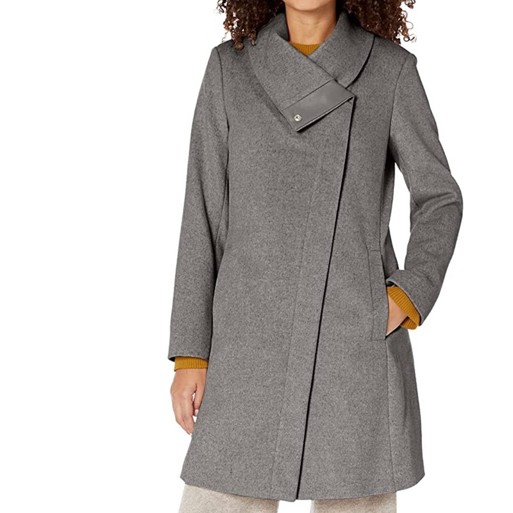 🔥👀🔥 Kenneth Cole Women's Asymmetrical Classic Melton Wool Coat Light Grey